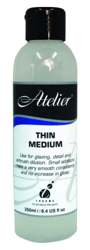 Atelier Thin Painting Medium 250ml - fluidity enhancer for acrylic and oil paints, perfect for detailed work and glazing.