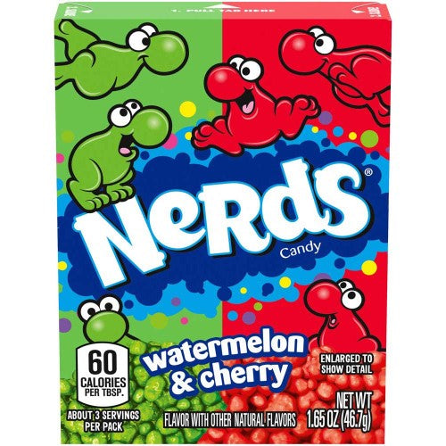 Colorful Nerds Watermelon & Cherry candy boxes, 36-pack, featuring sweet and tangy flavors in crunchy bites.