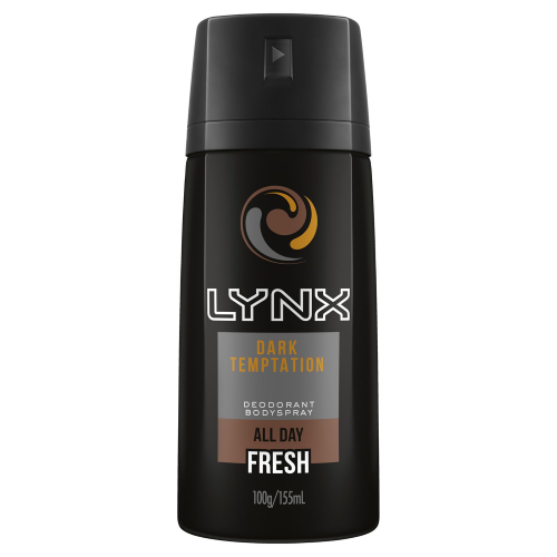 Lynx Spray Dark Temptation 100g features a seductive fragrance of chocolate, amber, and red peppercorn, ideal for every occasion.