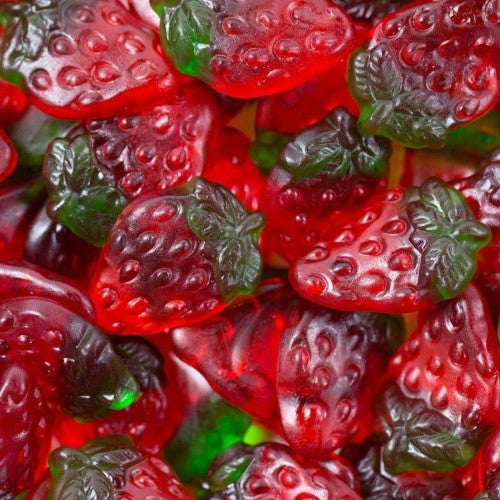 Gummy strawberry candy in a 2kg bag, bursting with juicy flavor and shaped like real strawberries, made in NZ.