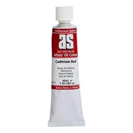 Bright Cadmium Red oil paint in a 40ml tube, perfect for vibrant artwork and blending with other colors.