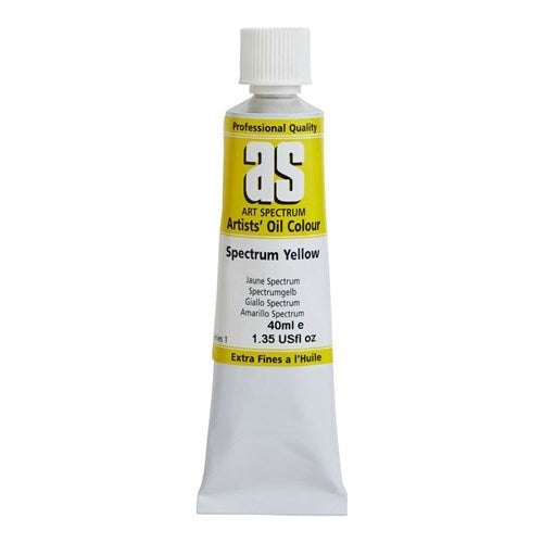 Bright yellow oil paint tube for artists, 40ml, with triple-milled formula for smooth application and creative mixing.