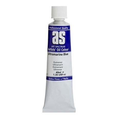 Vibrant 40ml ultramarine oil paint in a tube, featuring smooth consistency and high lightfastness for lasting artwork.