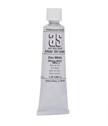 Tube of Artist Oil Paint in Zinc White, 40ml, featuring lightfast, vibrant colors for creating bold artwork.