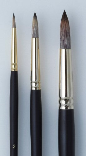 Round artist brush with fine synthetic hair, maroon handle, and gold ferrule for detailed color application.