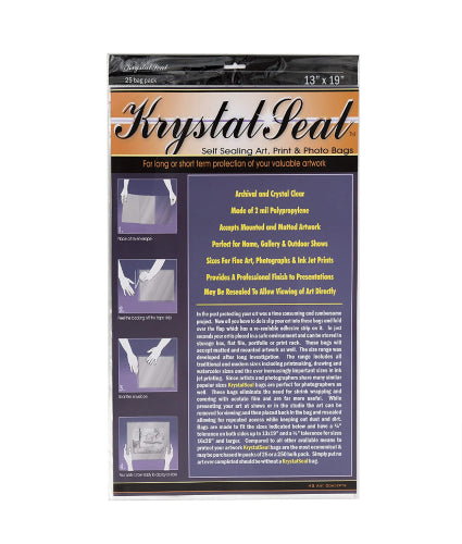 Crystal clear resealable art seal bags, 13x19 inches, pack of 25 for protecting and preserving artwork easily.