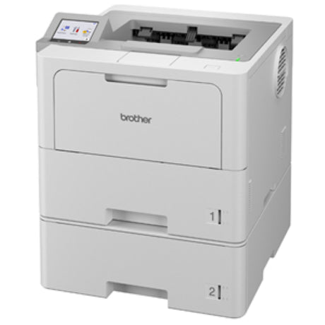 Brother HLL6415DW mono laser printer with 52ppm speed, dual tray capacity, wireless, and duplex printing features.