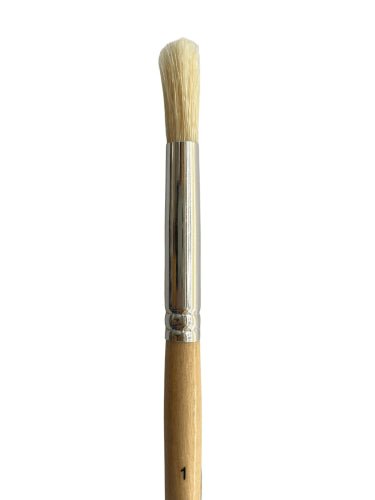 Round bristle brush with ergonomic handle, ideal for detail work in acrylic, oil, and watercolor painting.