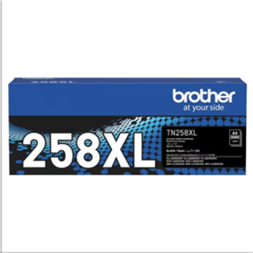 Brother TN258XLBK High Yield Toner Black for up to 3,000 pages, designed for vibrant prints and compatible with select Brother printers.