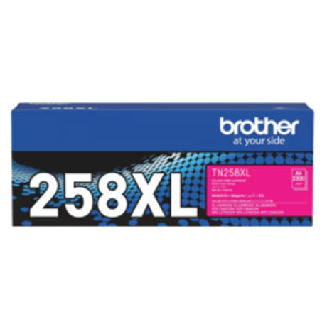 Brother TN258XLM Magenta toner cartridge, high yield of 2,300 pages, compatible with select Brother printers for vibrant prints.