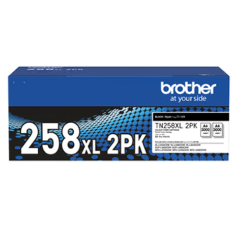 High yield Brother TN258XLBK2PK magenta toner double pack, delivers vibrant prints, 3,000 pages per cartridge.