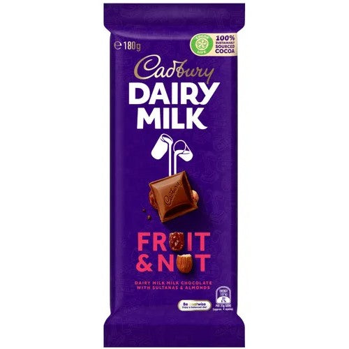 Cadbury Chocolate Block Fruit & Nut 180g pack of 14, featuring smooth milk chocolate, almonds, and raisins.