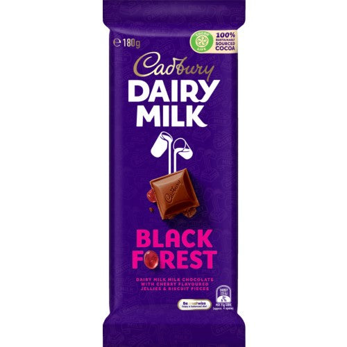 15-pack of Cadbury Black Forest chocolate blocks featuring milk chocolate, cherry jellies, and crunchy biscuits for indulgent snacking.