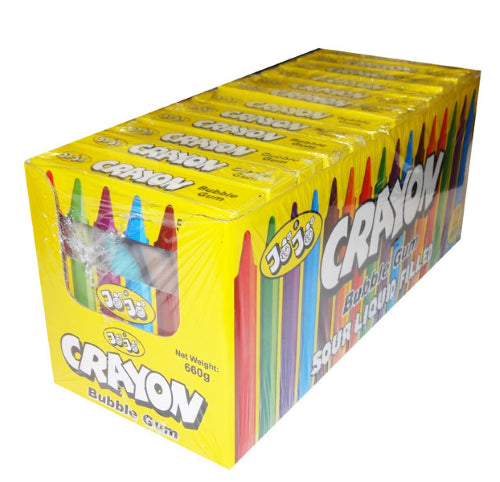 Colorful crayon-shaped gumballs in a 12 pack, offering vibrant bubblegum flavors for playful snacking and joyful treats.