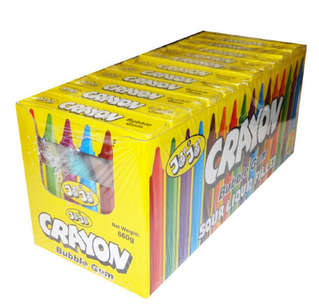 Colorful crayon-shaped gumballs in a 12 pack, offering vibrant bubblegum flavors for playful snacking and joyful treats.