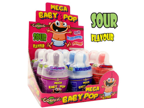 Colorful Mega Baby Pop lollipops in a 12-pack, perfect for parties and sweet cravings, each weighing 40g.