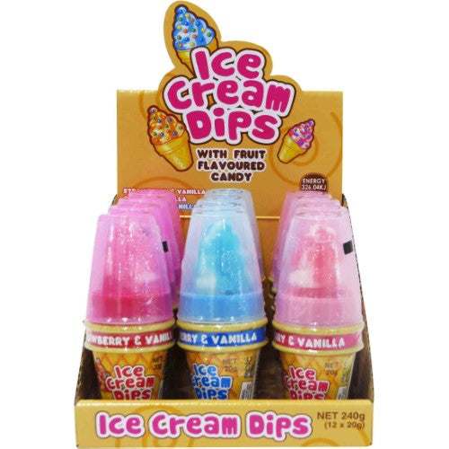 Ice Cream Dips 20g pack of 12, featuring sweet and creamy flavors for delicious dipping enjoyment.