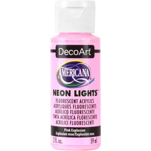 Vibrant 2oz bottle of Decoart Americana Neon Lights paint in striking PINK EXPLOSION, perfect for arts and crafts projects.