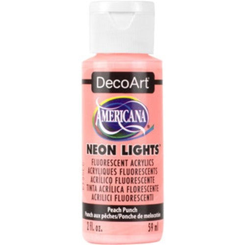 Decoart Americana Neon Lights Paint in Peach Punch, vibrant fluorescent acrylic for crafts, home décor, and fashion projects.