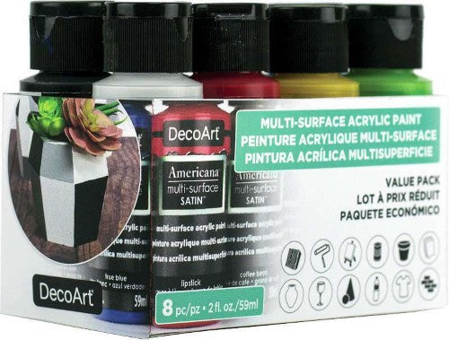 Decoart 8-Pack Americana Multi-Surface acrylic paints in vibrant colors for versatile crafting on various surfaces.