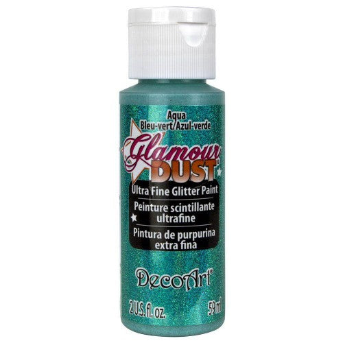 Aqua glitter paint in a 2oz bottle, ideal for adding shimmer to crafts and decor with ultra-fine coverage and easy cleanup.