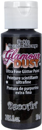 Decoart Glamour Dust Glitter Paint in BLACK ICE, a 2oz sparkle paint for arts and crafts, offering ultra-fine glitter and rich coverage.