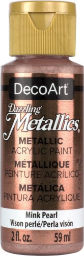 A glittering 2oz bottle of Mink Pearl acrylic paint, designed to add a luxurious metallic sheen to various art and craft projects.