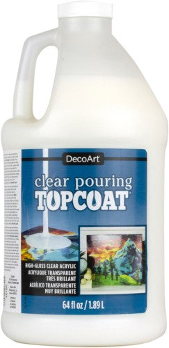 DECOART 64oz Clear Pouring Topcoat, a high-gloss finish that enhances artwork with a durable, crystal-clear coating.