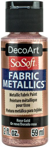 Decoart Sosoft Metallic Paint in Rose Gold, 2oz, ideal for vibrant, flexible fabric designs that are machine washable.