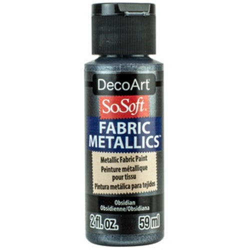 Decoart Sosoft Metallic Paint in Obsidian, a soft, wash-safe fabric paint with a vibrant metallic finish for creative projects.