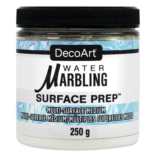 DecoArt Water-Marbling Surface Prep 8oz bottle for preparing fabrics and papers, enabling vibrant water marbling effects.