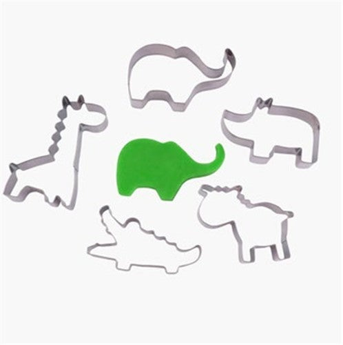 Set of 5 jungle animal metal cutters, featuring a lion, elephant, monkey, giraffe, and zebra for fun baking adventures.