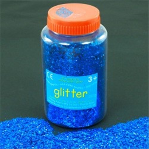 Vibrant blue glitter shaker with flip-top lid, 250gm, perfect for arts and crafts projects and adding sparkle to designs.