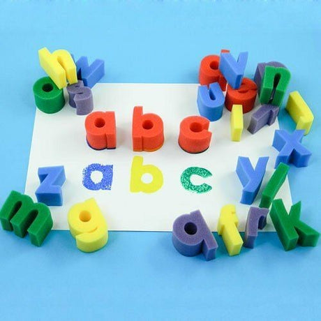 Colorful lowercase letter sponge stampers for kids, perfect for creative art projects and learning the alphabet.