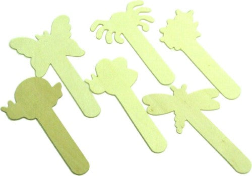 Set of 6 whimsical wooden craft sticks shaped like insects, perfect for painting and imaginative play for kids.