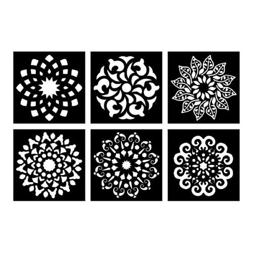 Set of 6 washable mandala stencils for creative projects, showcasing intricate designs on flexible plastic masks.