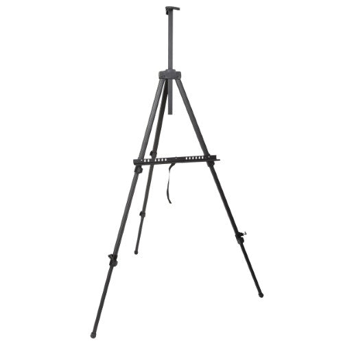 Large aluminium easel with non-skid feet, supports canvases up to 150cm, includes a stylish carry case for portability.