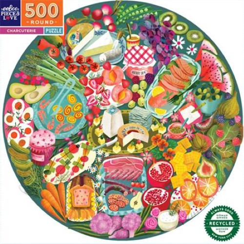 Colorful jigsaw puzzle featuring an artistic charcuterie spread by Uta Krogmann, with 500 pieces.