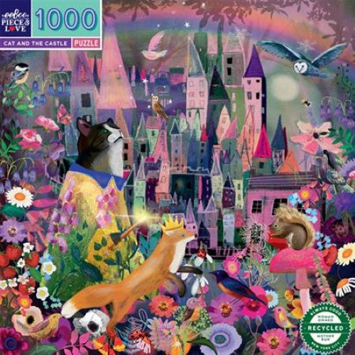 Colorful 1000-piece jigsaw puzzle featuring whimsical cats, foxes, and hidden birds in a magical castle setting.