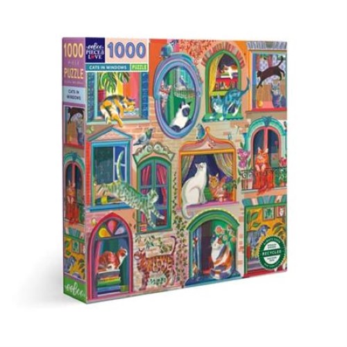 Colorful jigsaw puzzle depicting playful cats in window scenes, featuring 1000 glossy pieces and measuring 23x23 inches.