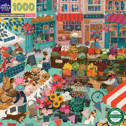 Jigsaw puzzle of a vibrant English village market scene, featuring 1000 intricately detailed pieces.