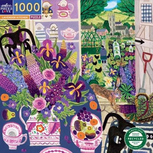 Square jigsaw puzzle featuring a vibrant lavender kitchen scene by Vanessa Bowman, 1000 pieces, 23 inches x 23 inches.