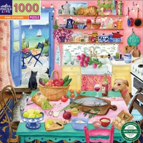 Whimsical 1000-piece jigsaw puzzle featuring a charming pink kitchen scene with animals, flowers, and fruits by artist Maria Over.