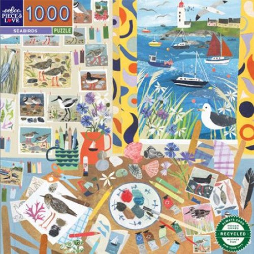 Jigsaw puzzle featuring a sea view and seabirds, designed by artist Clover Robin, with 1000 pieces.