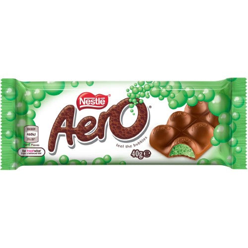 Nestle Aero Peppermint 40g pack of 24 features airy mint chocolate treats with creamy milk chocolate and refreshing mint filling.