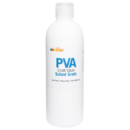 Fas PVA Craft Glue 500ml bottle, a clear, quick-drying adhesive for paper, card, wood, and textiles, safe for all ages.