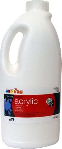 2-liter bottle of Fas Student Acrylic paint in white, fast-drying, non-toxic, ideal for students and versatile art projects.