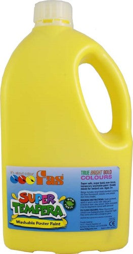 Vibrant yellow non-toxic tempera paint in a 2-liter bottle, ideal for creative projects and easy cleanup.