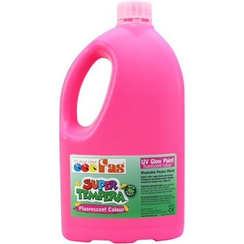 Vibrant 2L fluo pink poster paint by Fas, ideal for creative projects, quick drying, non-toxic, and UV reactive.