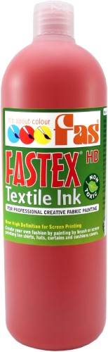 Vibrant crimson heat set textile ink in a 1L bottle, perfect for durable, washable screen printing on light fabrics.